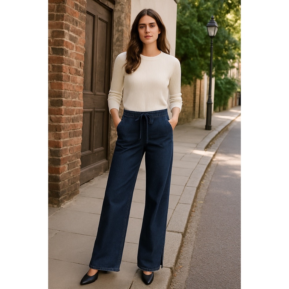 REWASH Denim Effortless High Rise Pull On Jean Wide Leg Side Slit Large NWT Dark